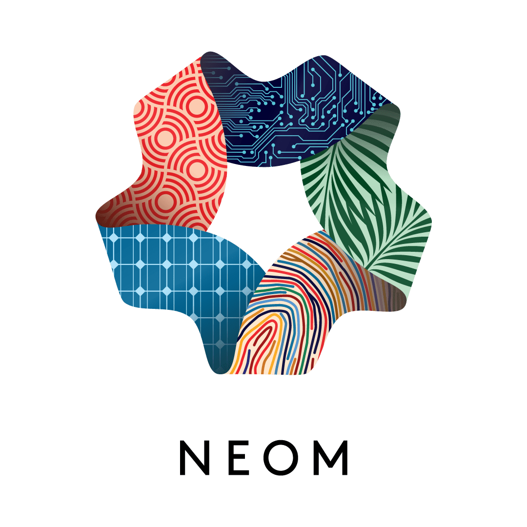 A geometric star shape made of six interconnected segments with different patterns: red with concentric circles, blue circuit board pattern, green with palm leaves, blue with connecting lines, multicolored curved lines. Below the star, the text 'NEOM' is visible.