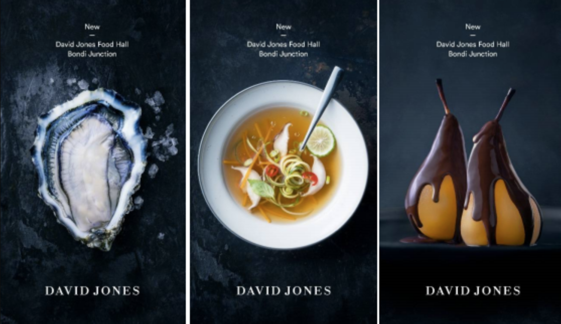 Three books by David Jones with food-themed covers: an oyster on ice, a bowl of soup with vegetables, and chocolate-dipped pears.