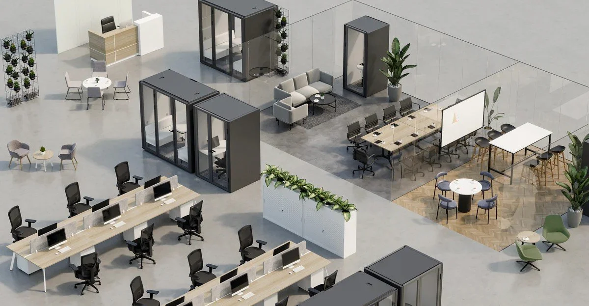 Image of office furniture fitout with desks, tables, chairs and acoustic phonebooth