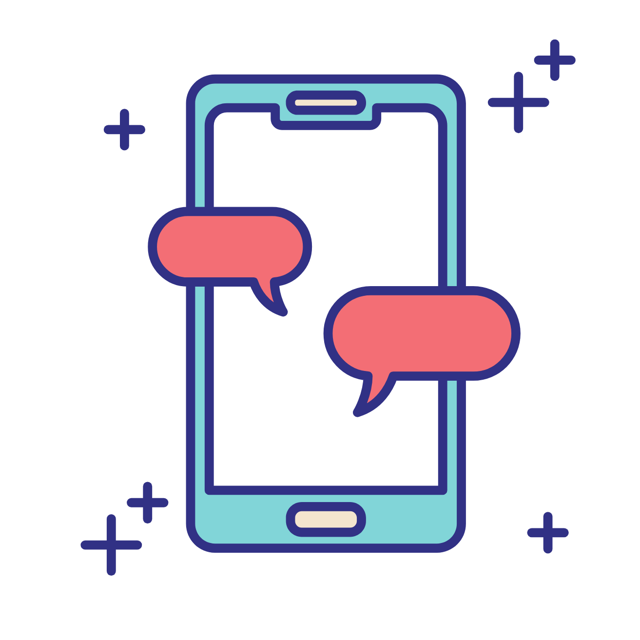Graphic illustration of a smartphone with two speech bubbles, indicating messaging or chat with Mama Bare Psychotherapy to book a session.