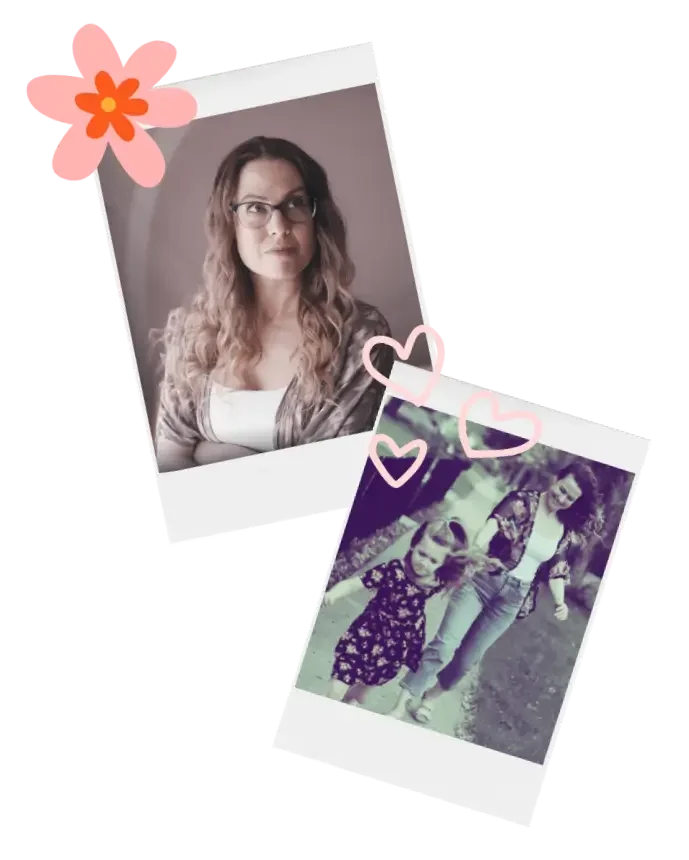 Two printed photographs with decorative pink hearts and flower graphics overlayed. The top photo features a young woman with glasses and long, wavy hair looking serious, wearing a plaid shirt over a light top. The bottom photo shows a woman with long curly hair and a young girl in a floral dress, outdoors.