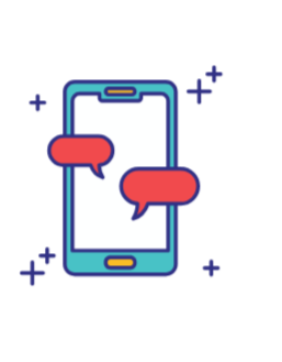 Illustration of a smartphone with two chat bubbles and small decorative plus signs surrounding it.