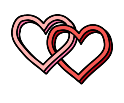 Two overlapping hearts with pink and red outlines on a black background.