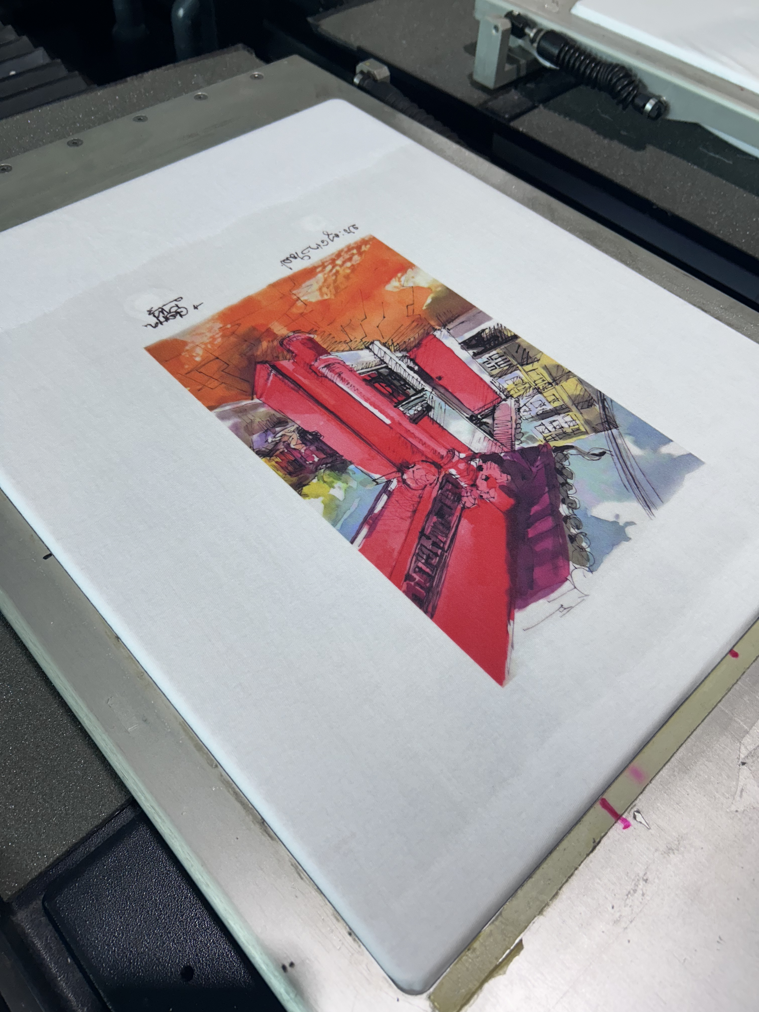 Colorful watercolor painting of a red building with a clock tower, set against a bright orange sky, surrounded by other structures and trees.