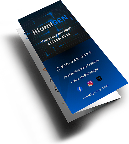 Business card for IllumiGEN featuring the slogan 'Powering the Path of Innovation,' contact number, social media icons, and website.
