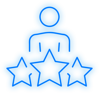 Outline of a person with three stars in front of them on a blue background.