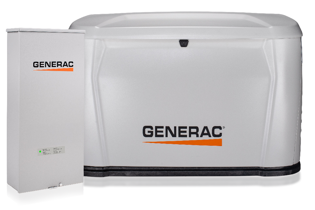A Generac portable generator and a smaller Generac transfer switch or control panel, both white with the Generac logo in black and orange.
