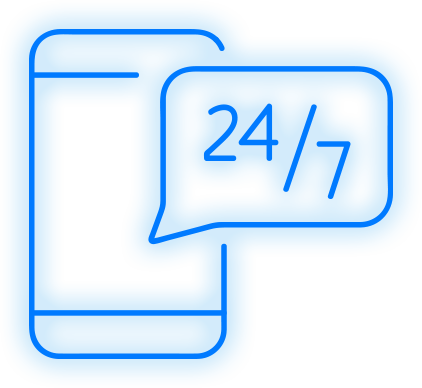 Line drawing of a smartphone with a speech bubble showing '24/7' indicating 24-hour availability.