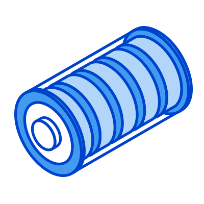 Stacked blue spools of thread.