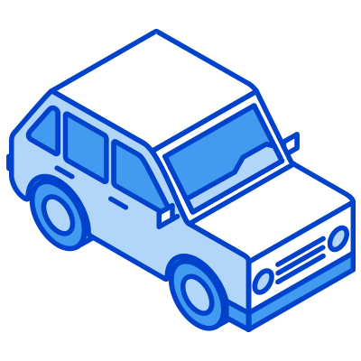 Stylized illustration of a blue compact SUV viewed from the front and slightly above.