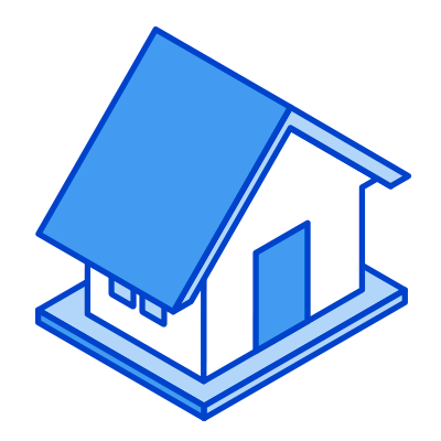 Illustration of a house with a sloped roof and a small front porch, depicted in blue and white.