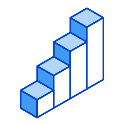A 3D bar graph with four ascending bars in shades of blue and white, indicating growth or increase.