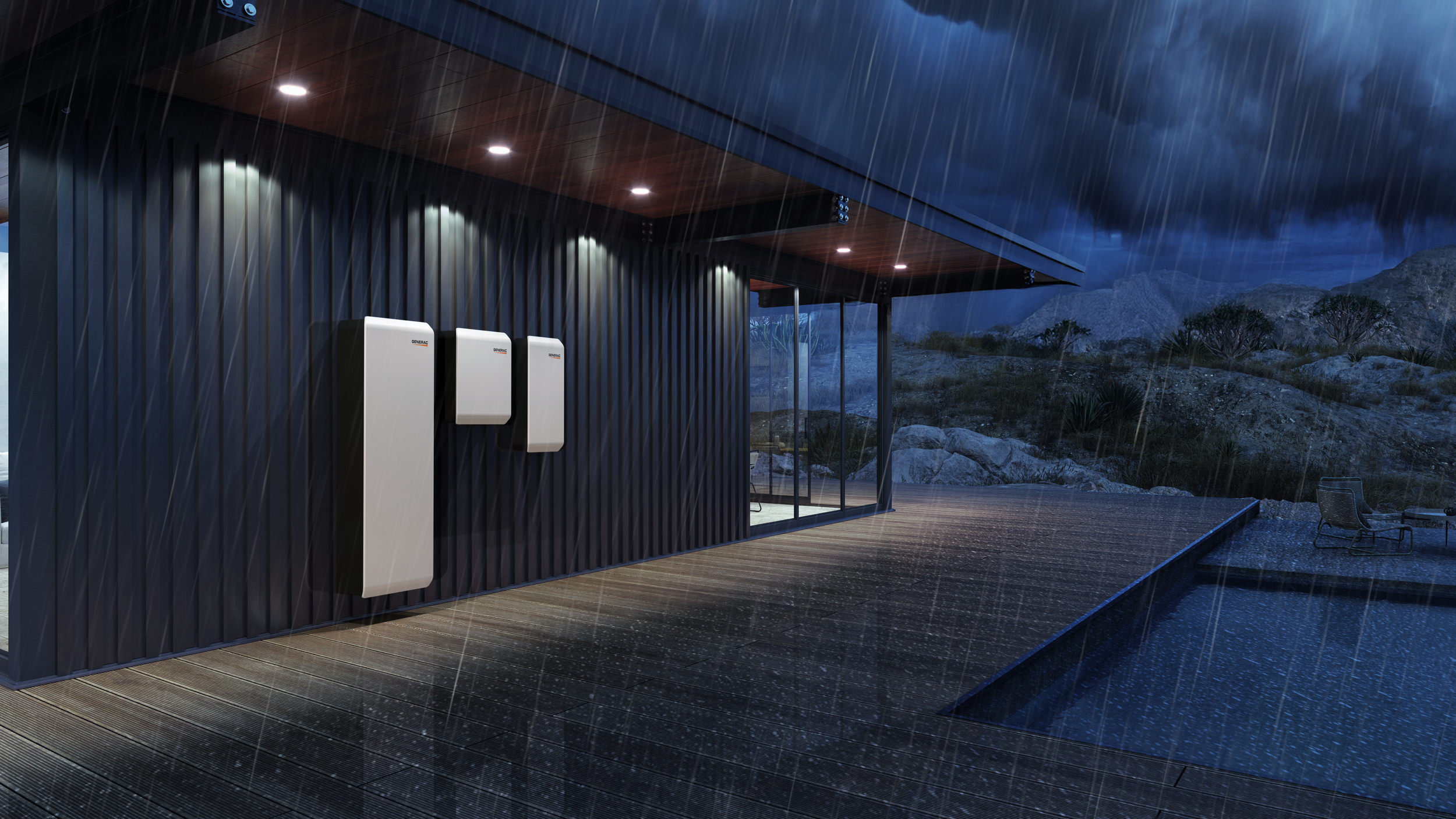 Modern house exterior during rainstorm, with three white generators mounted on dark textured wall, covered porch with wooden flooring, mountain landscape in the background.