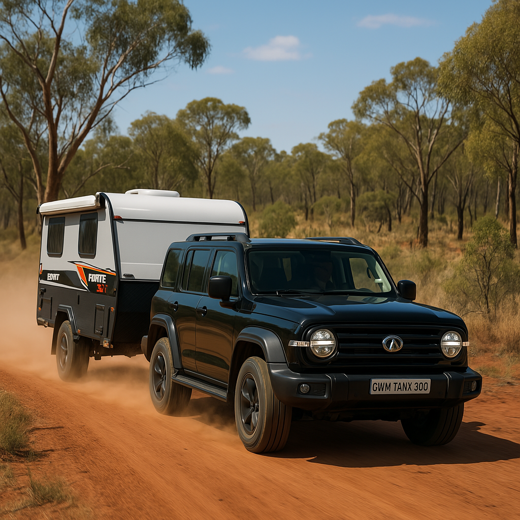 A black SUV towing a white travel trailer on a dirt road in a dry, wooded landscape under a blue sky with some clouds.