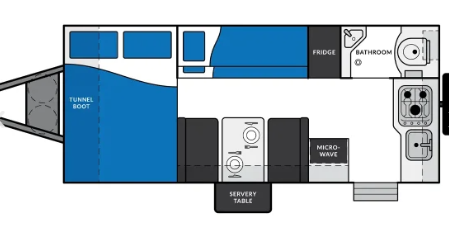 Floor plan of a small RV showing a tunnel boot area at the front, a kitchen with a microwave, stove, and sink, a bathroom with a toilet, a fridge, a bed area, and a service table.