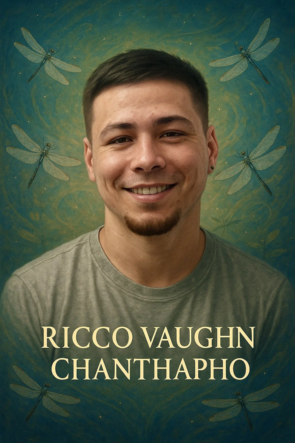 Portrait of a smiling young man with short brown hair and a goatee, wearing a gray shirt, standing in front of a blue and green background with dragonfly illustrations.