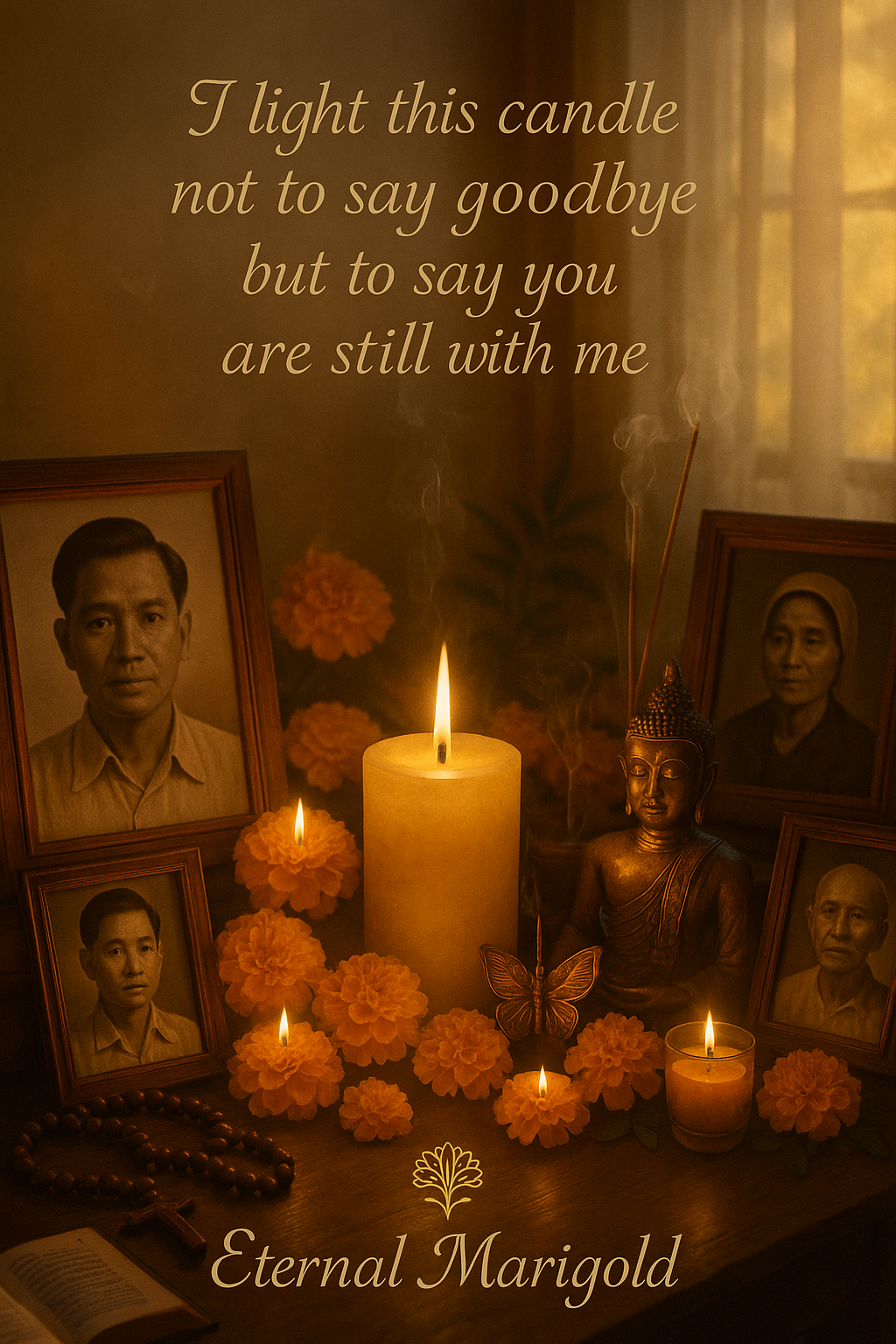 Memorial altar with lit candles, framed black and white photographs of elderly individuals, a small Buddha statue, orange marigold flowers, an open book, a beaded prayer necklace, and a wall quote about lighting a candle to say you're still with someone, labeled "Eternal Marigold."