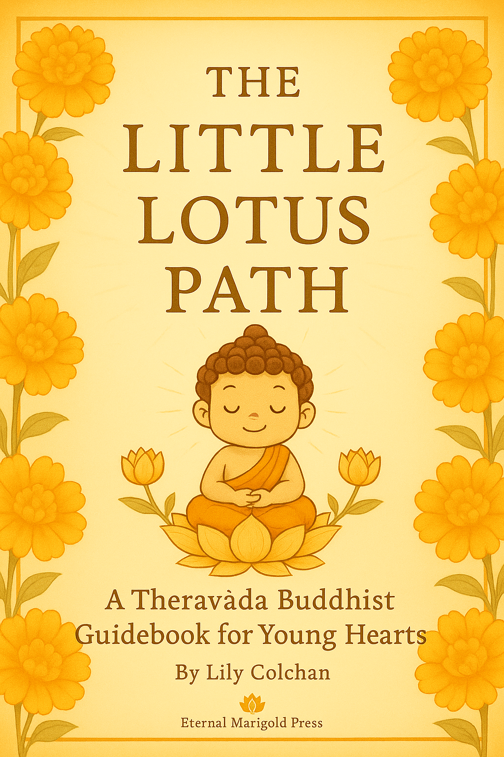 The cover of a book titled 'The Little Lotus Path: A Theravāda Buddhist Guidebook for Young Hearts' by Lily Colchan, featuring illustration of a smiling child in meditation seated on a lotus flower surrounded by orange marigold flowers.