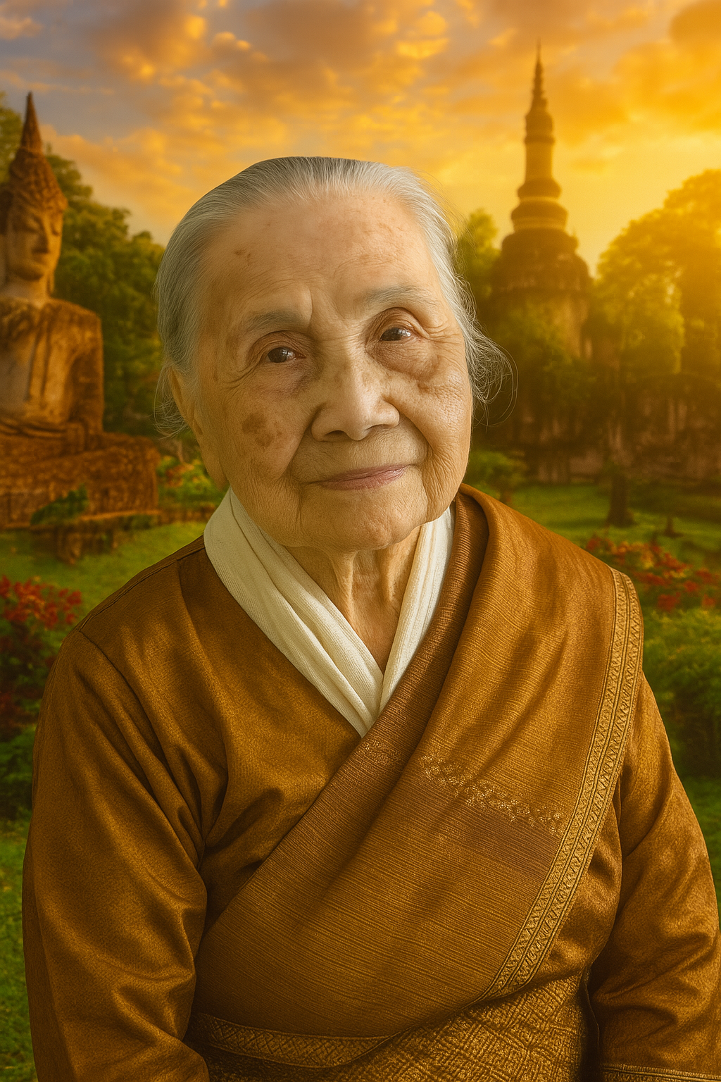 An elderly woman in traditional saffron-colored robes smiling in front of a backdrop of ancient temples and Buddha statues during sunset.