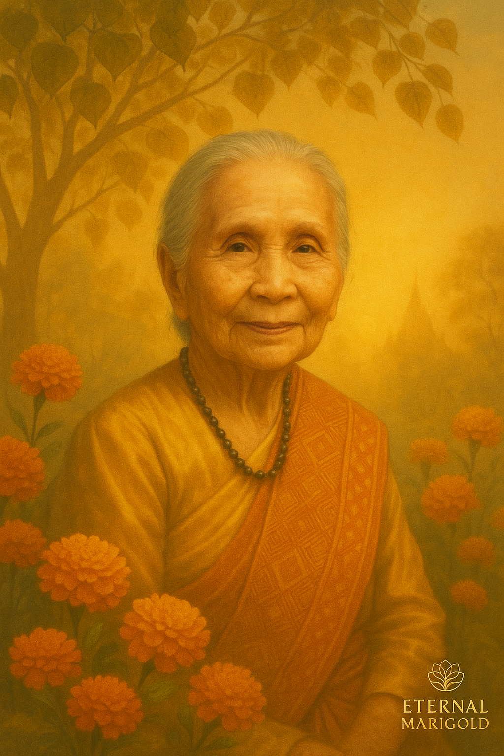 A portrait of an elderly woman with gray hair, wearing a yellow traditional dress with orange patterns and a black bead necklace, surrounded by orange marigold flowers and a yellow background with faint tree silhouettes. The bottom right corner has the text 'ETERNAL MARIGOLD' and a leaf logo.