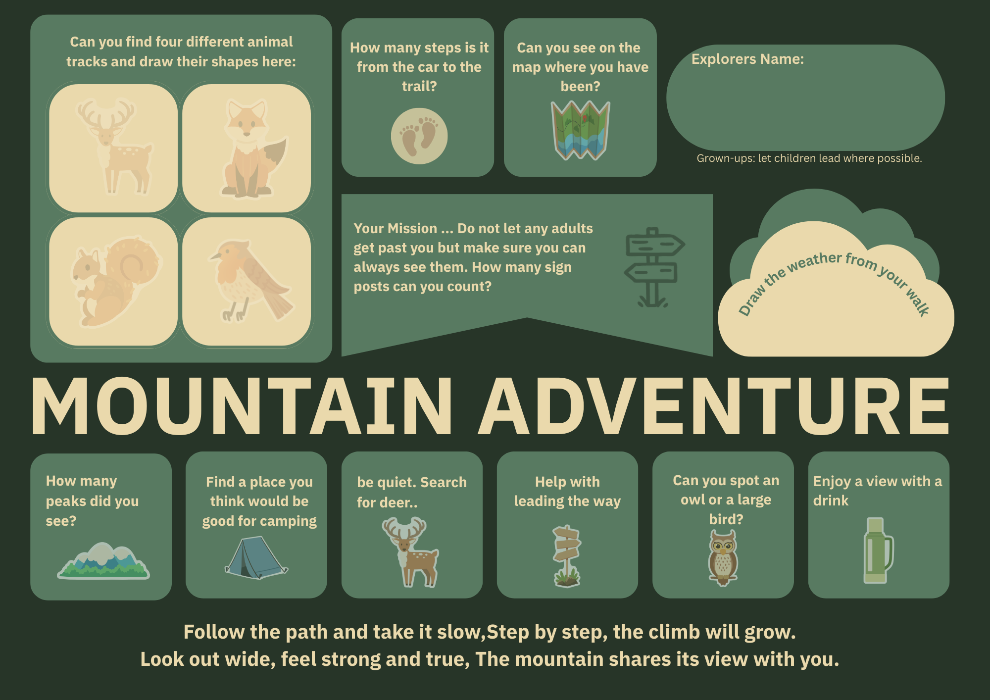 A colorful mountain adventure activity board with sections asking about animals, trail steps, weather, and peak viewing. Contains illustrated icons of animals, a map, signs, a tent, mountains, an owl, a drink bottle, and motivational text.