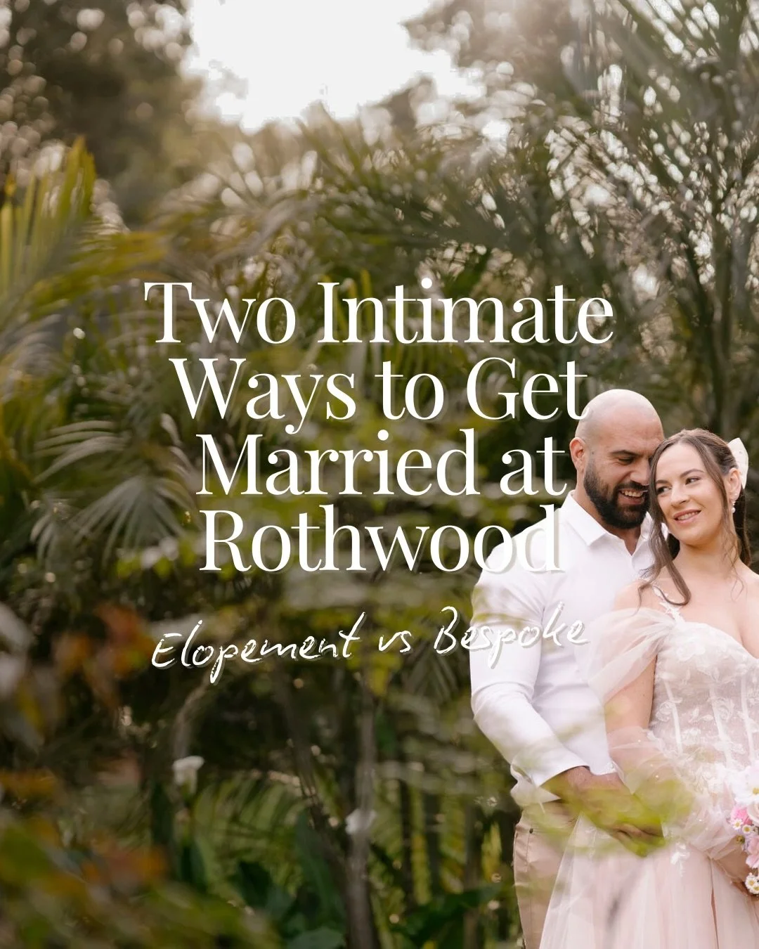 At Rothwood, we offer two intimate ways to get married, designed for smaller, meaningful celebrations:

Elopement &ndash; a short, private ceremony for up to 10 guests, perfect if you want a simple, focused celebration.

Bespoke &ndash; a longer, ful