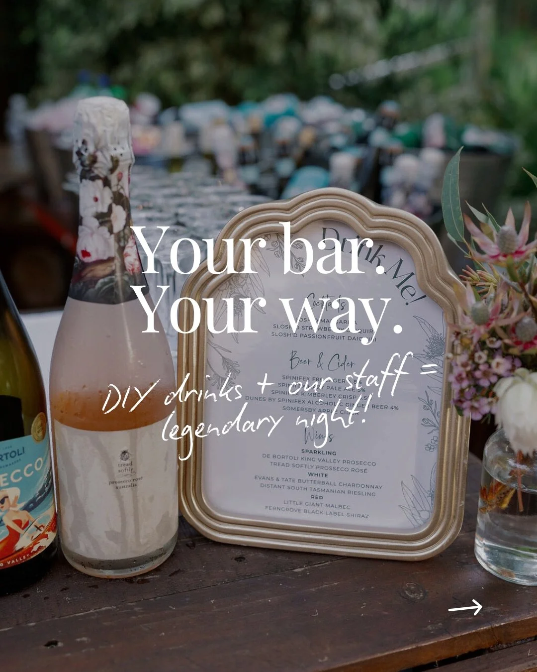DIY drinks + Rothwood = your bar, your way

Why settle for a package when you can choose the drinks you actually love? Keep it simple, avoid waste, and give your guests a bar that reflects your style.

Our professional bar staff make it effortless. T