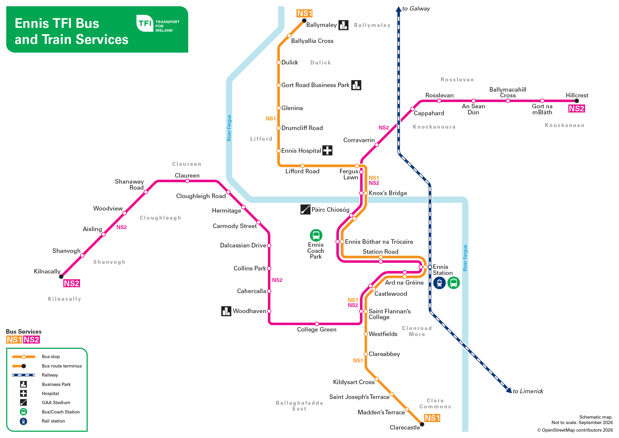Map of Ennis TFI Bus and Train Services highlighting bus routes, bus stops, railway lines, and stations in the Ennis area, with key locations like Ennis Coach Park, Ennis Station, and various bus routes with color coding.