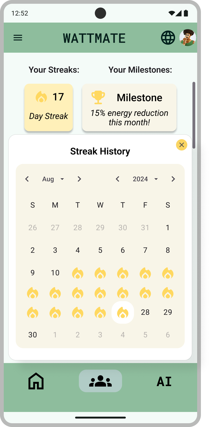 Hi-fi wireframe of streaks functionality