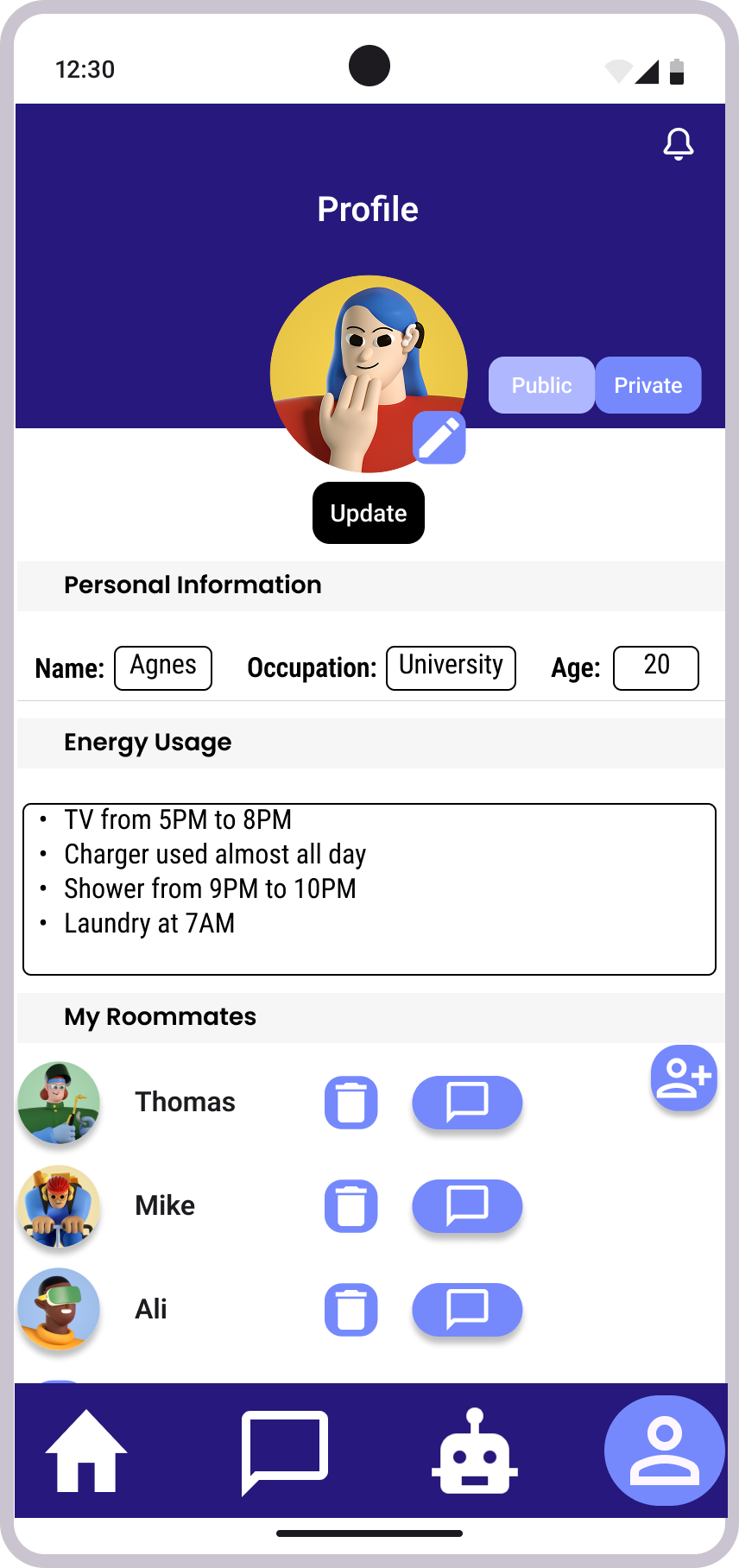 Hi-fi wireframe of profile page