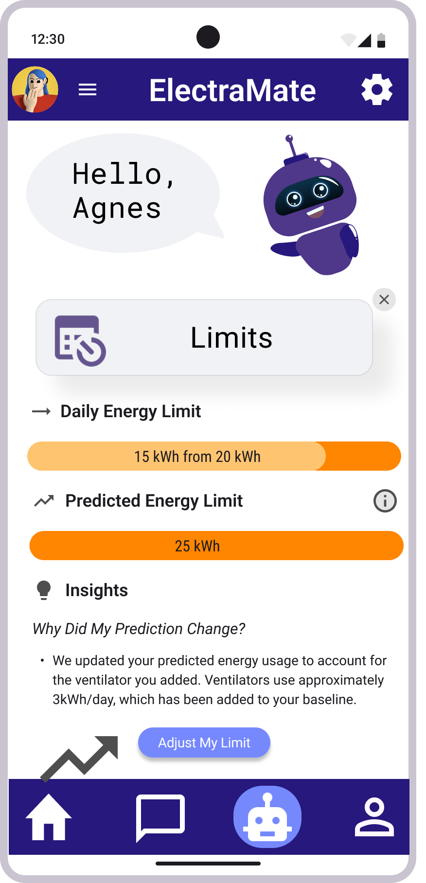 Hi-fi wireframe of page that highlights energy limits and predictions