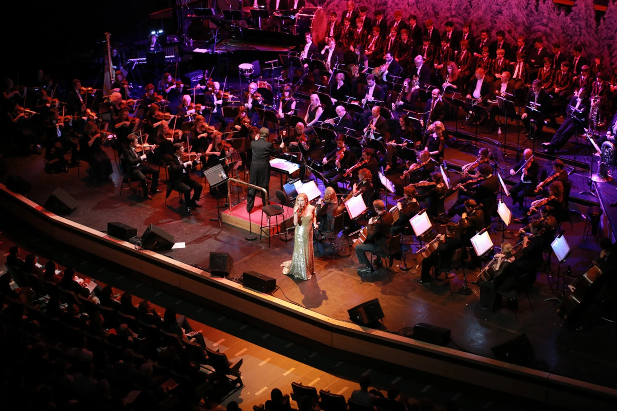 An orchestra performing on stage with a female singer in front. The orchestra includes strings, woodwinds, and percussion. The conductor is leading the musicians, and the audience watches from their seats.