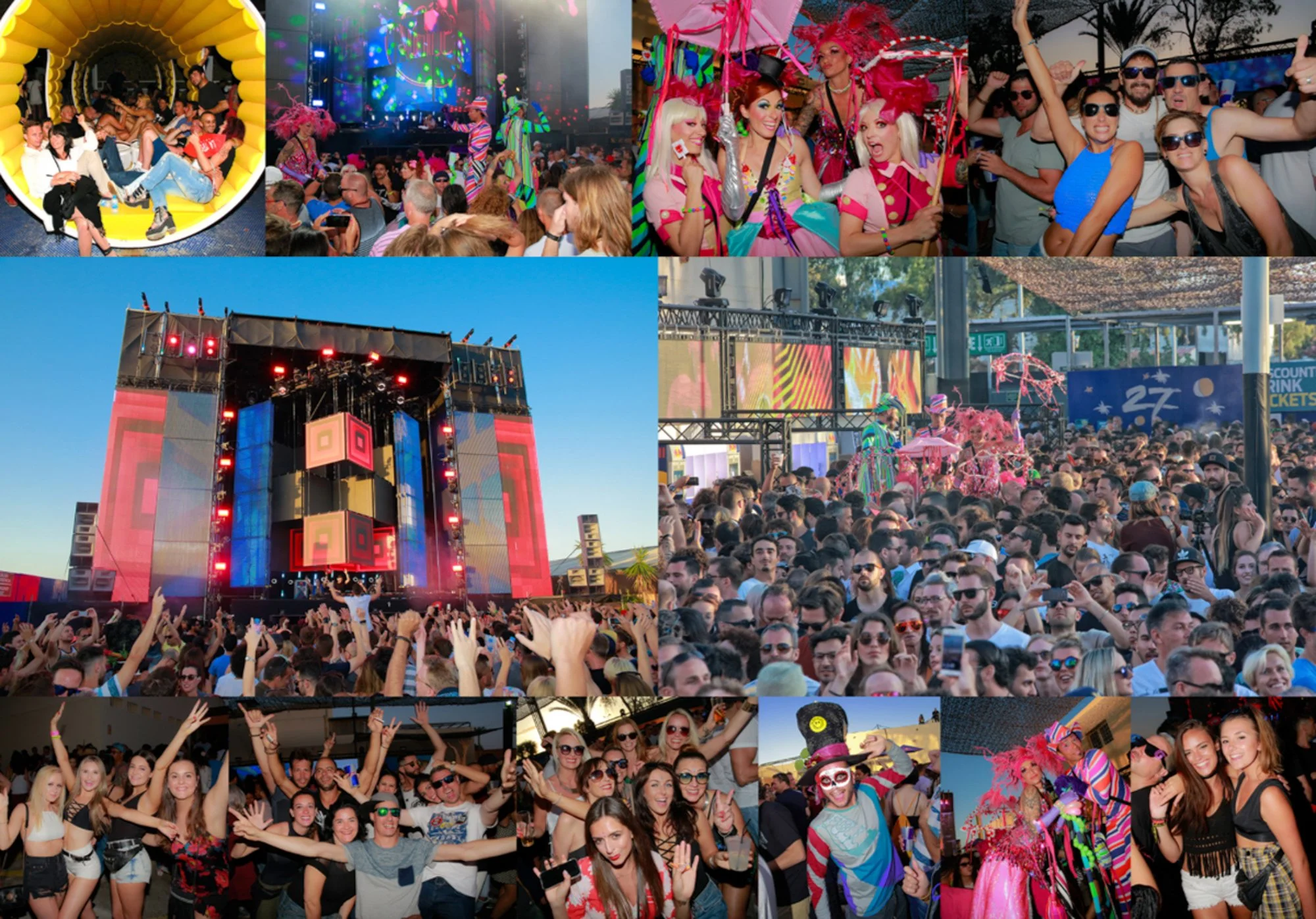 Collage of scenes from a music festival featuring large crowds, a stage with colorful lights, performers dressed in costumes, and people dancing and enjoying the event.