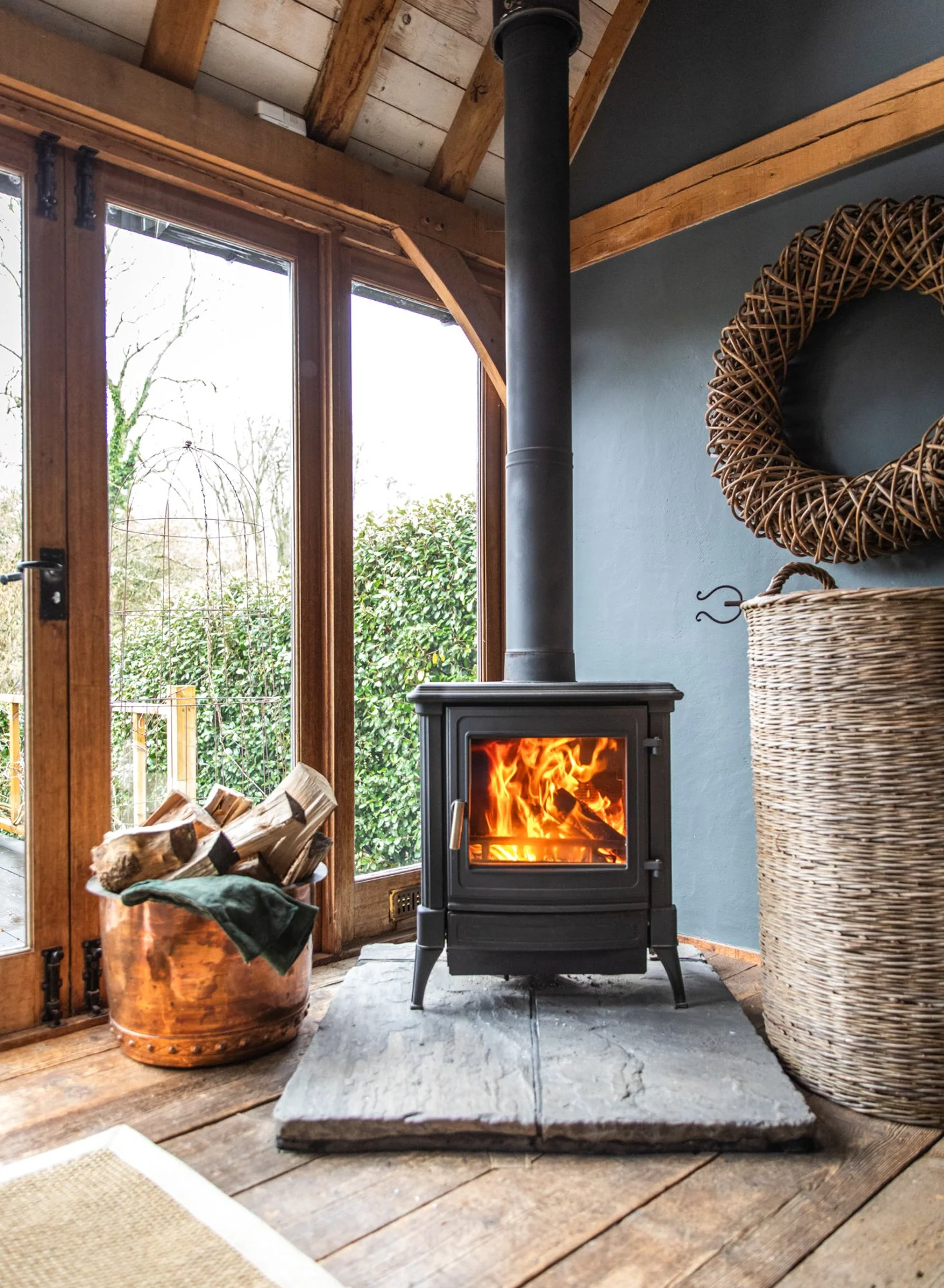 Photograph of a roaring fire in a house in East Sussex