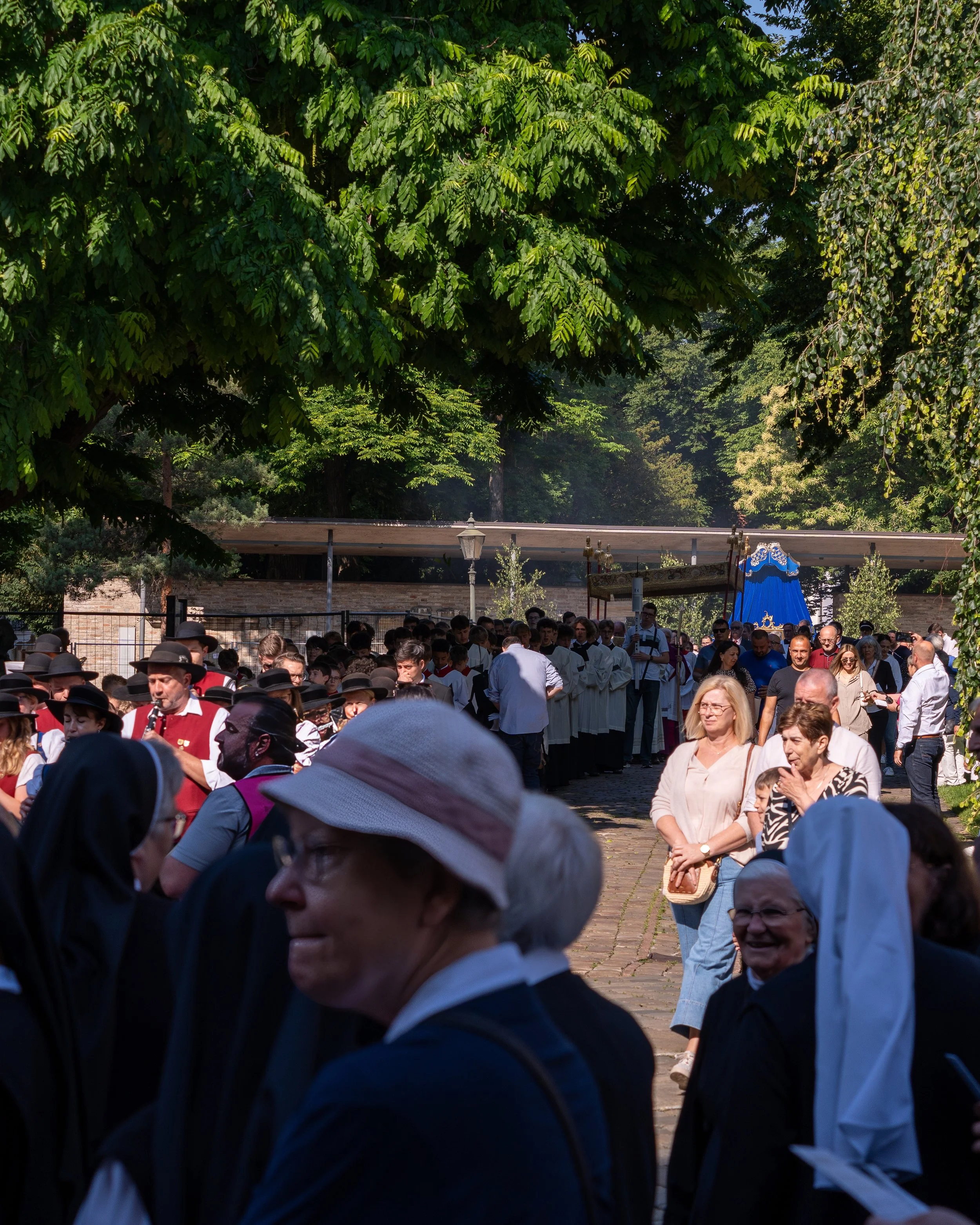 People gathered outdoors under large green trees, some wearing religious habits, during a religious procession or ceremony.