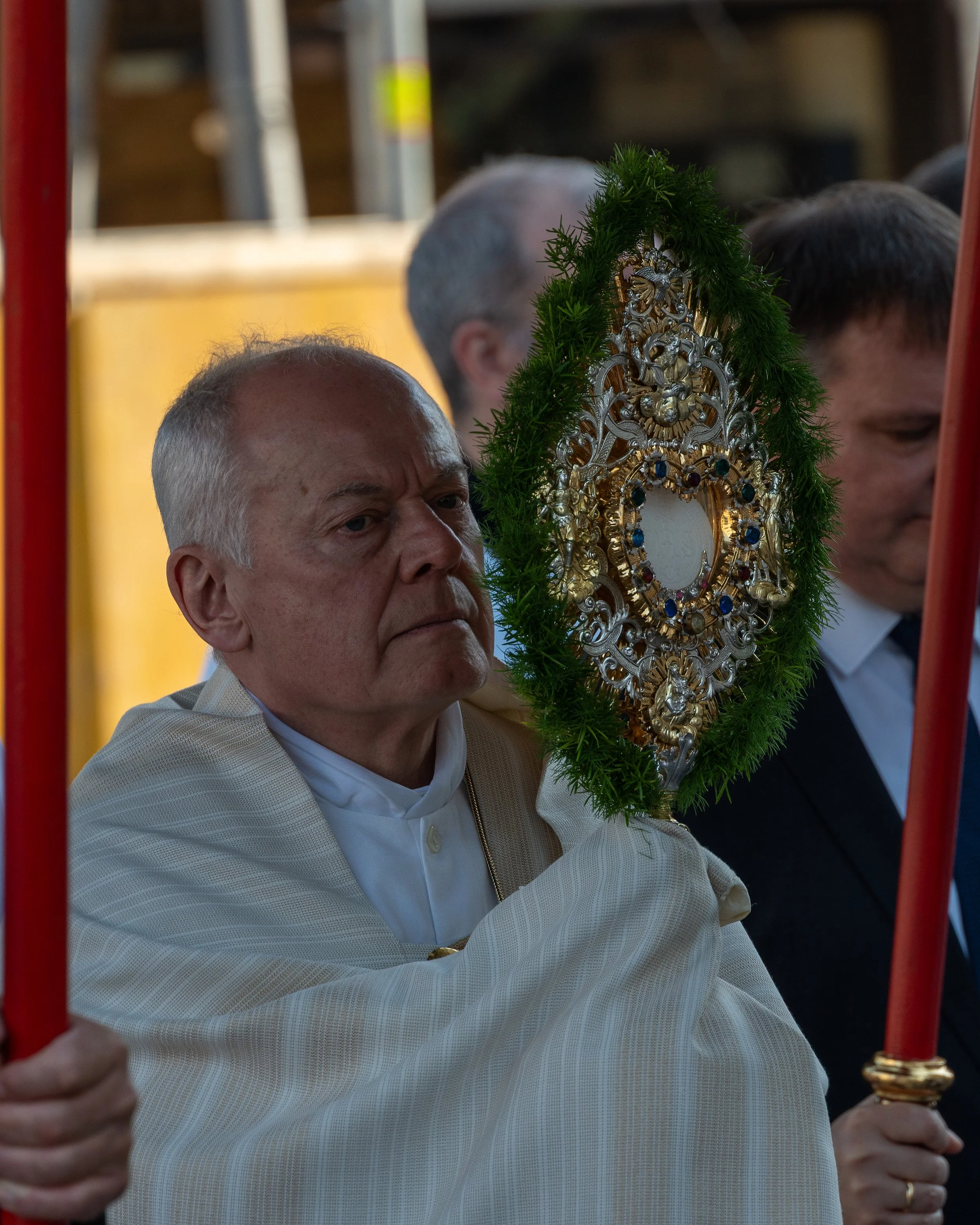 An older man with a solemn expression wearing white religious vestments, holding a decorative religious item with greenery, during a religious procession or ceremony.