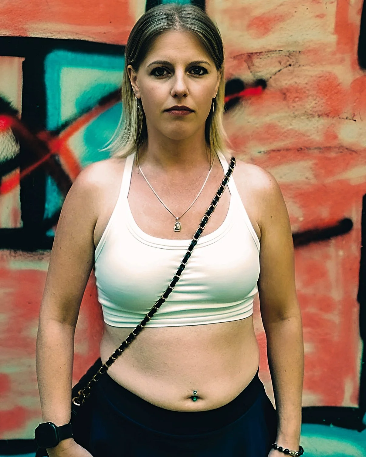 Woman with shoulder-length blonde hair wearing a white sports bra, black skirt, eyeglasses on a necklace, and a crossed purse, standing in front of a colorful graffiti wall.