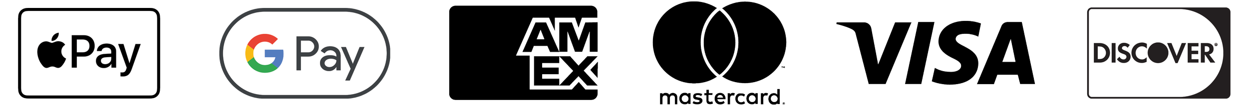 Collection of payment method logos including Apple Pay, Google Pay, AMEX, Mastercard, Visa, and Discover.