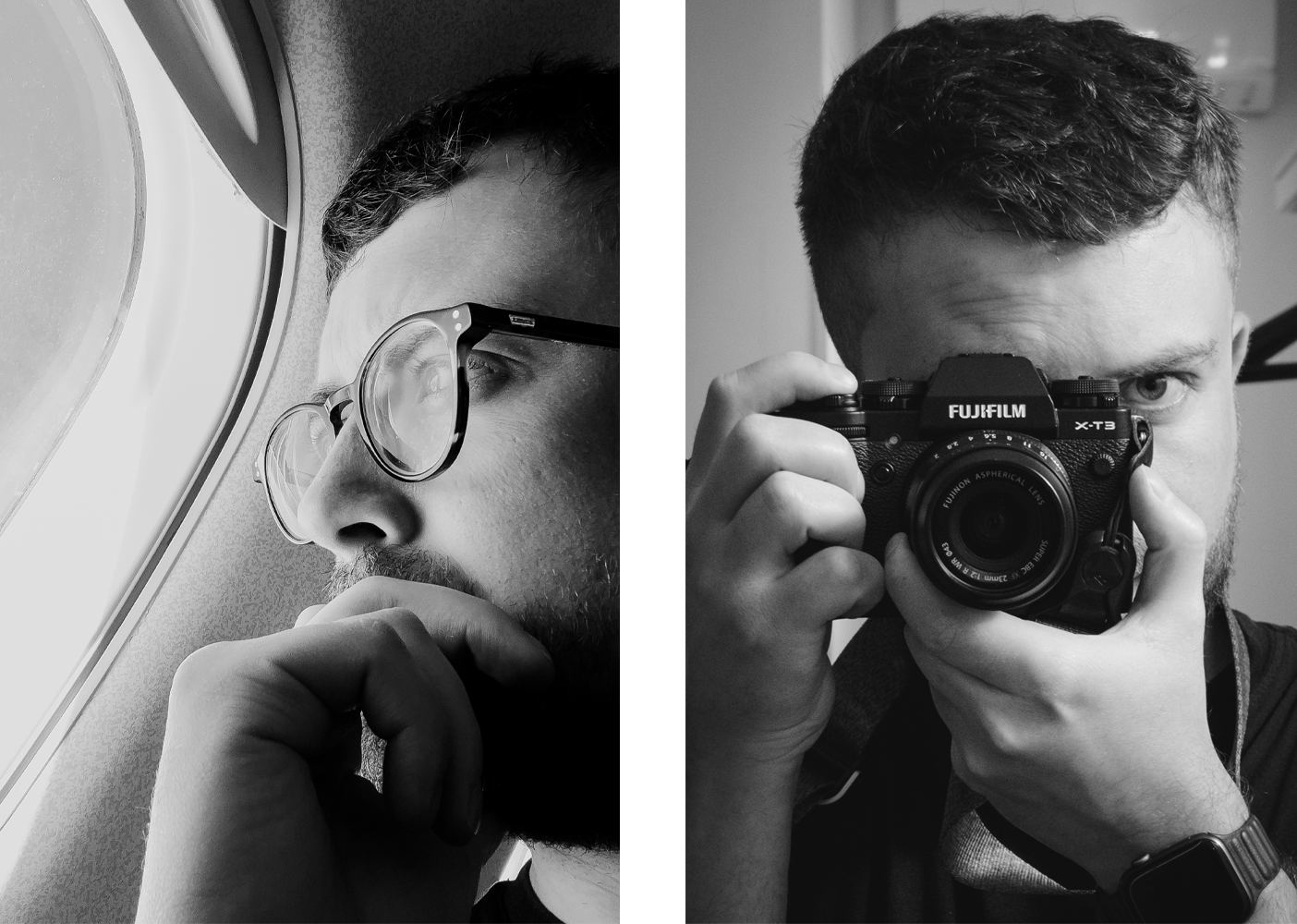 Black and white split image of a man on an airplane looking out the window on the left, and a man taking a selfie with a camera on the right.