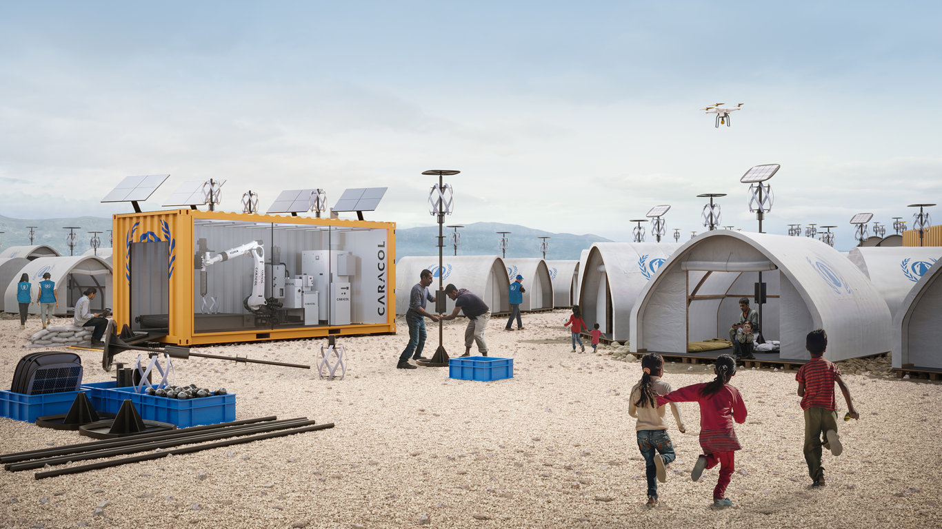 Mobile 3D printing unit for emergency camps