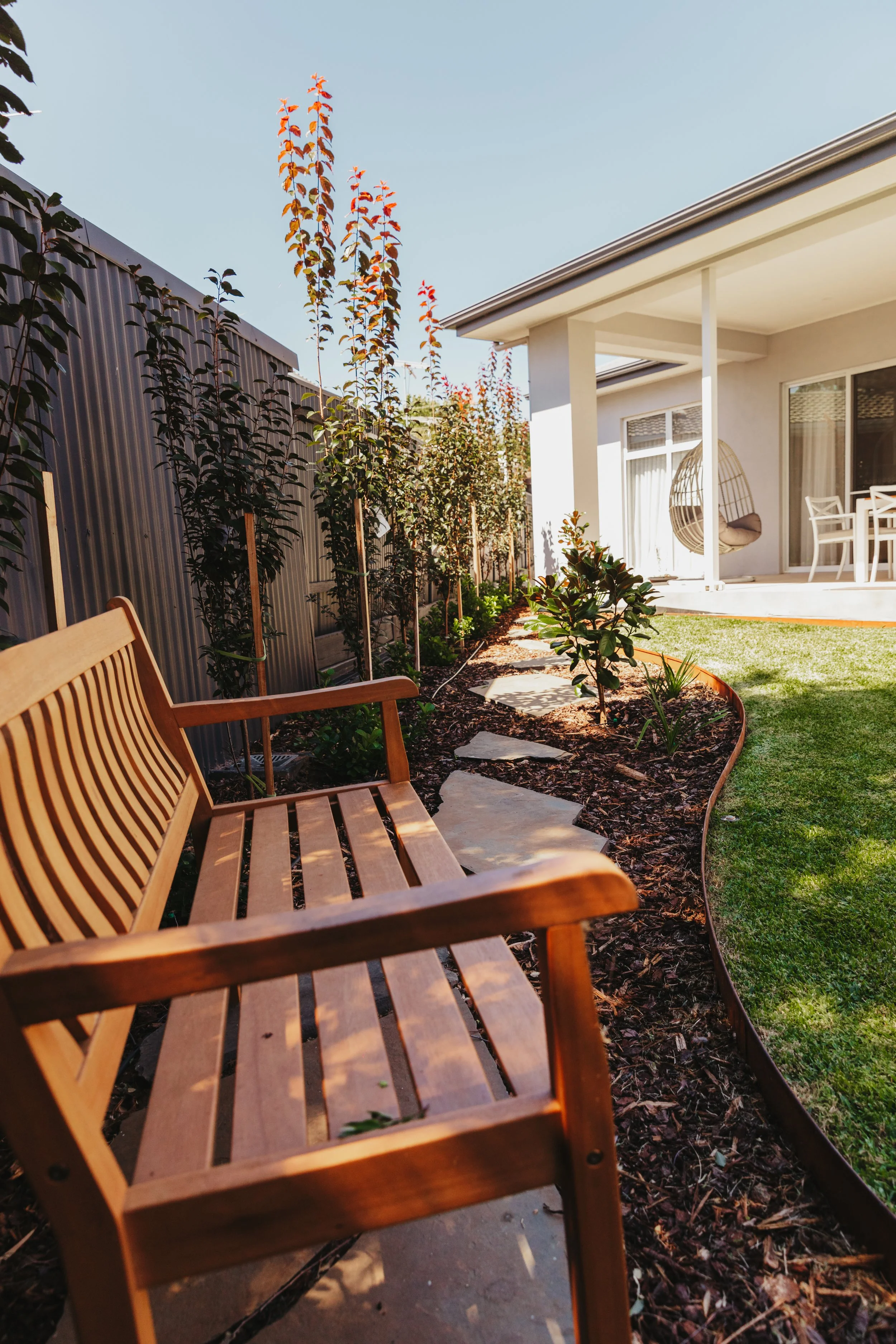 A backyard garden with a wooden bench, a stone pathway, and young trees along a metal fence. There is a patio with white chairs and a hanging chair on the porch of a house.