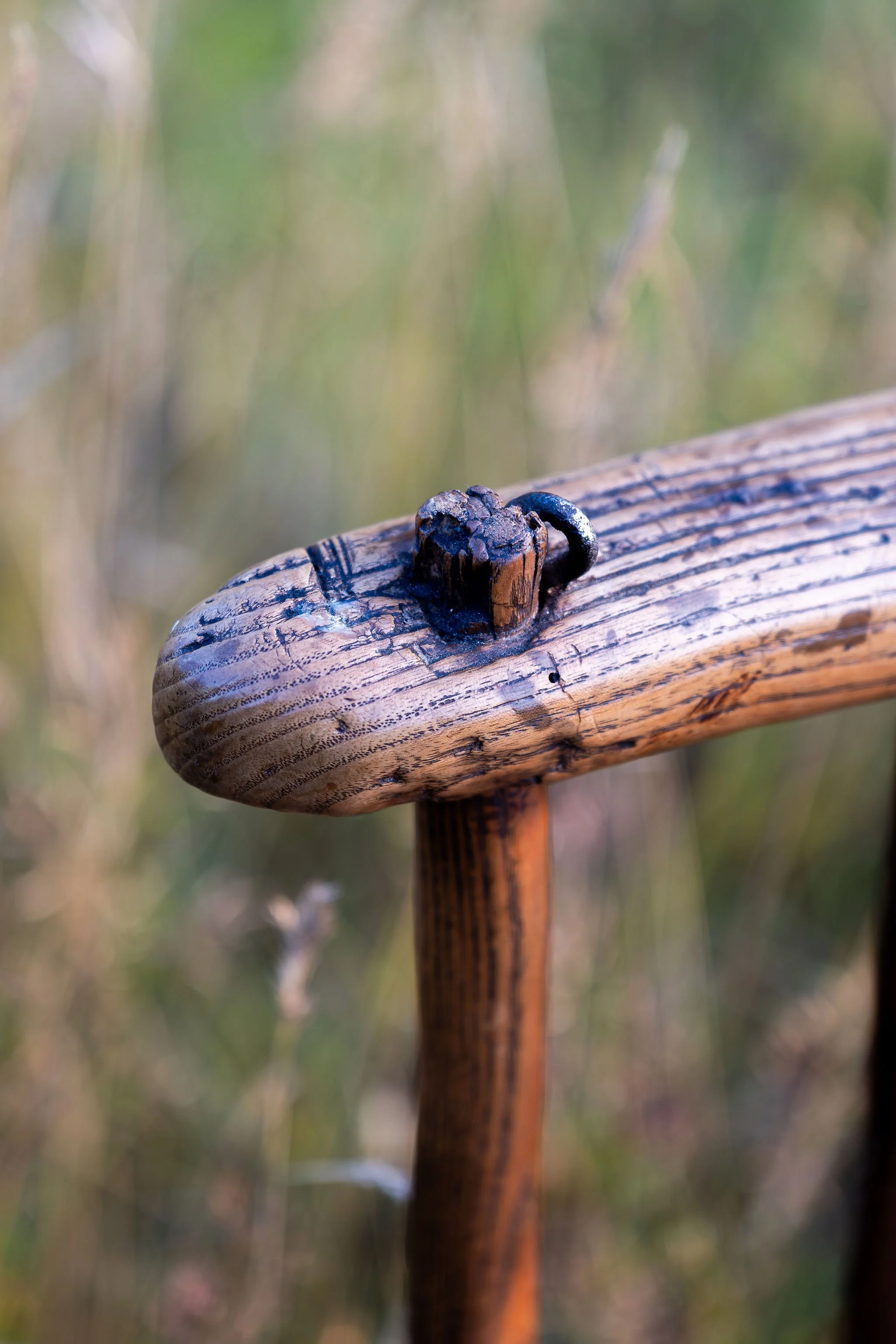 A close-up of a wooden fence post with a black, rusty nail partially embedded in the top of the post, against a blurred natural outdoor background.