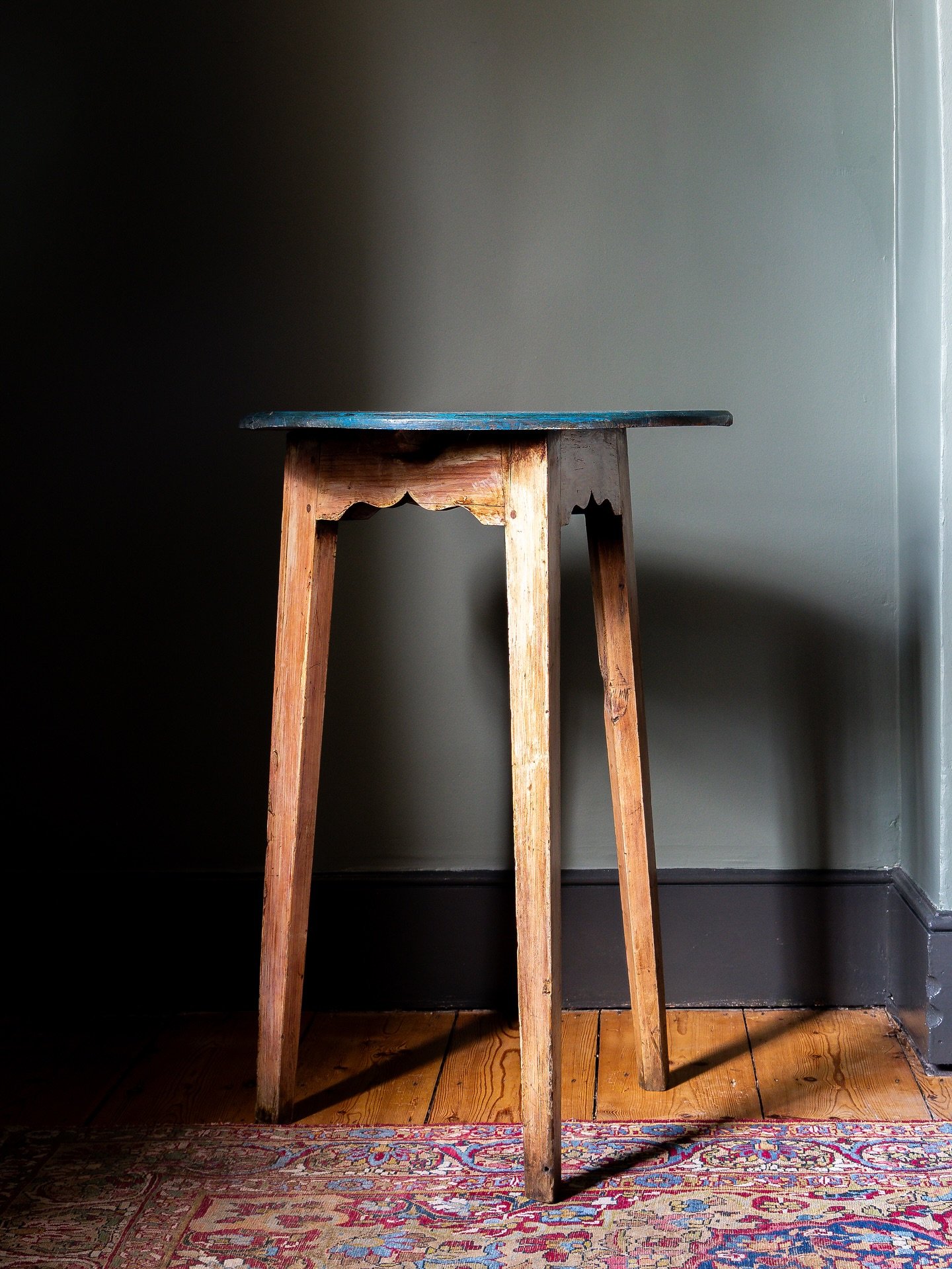 A charming 19th Century Welsh cricket table. Constructed in pine, the top exhibits nice remnants of historic blue paint. A very pretty example. 

Height 72cm
Diameter 52cm 

Available @decorative_collective and our website. DM for details or visit Re
