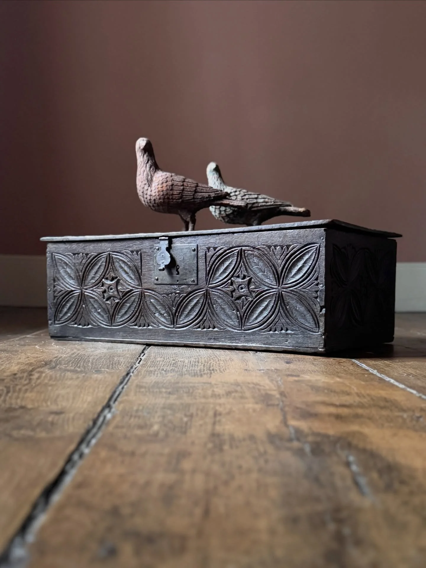 An attractive 17th Century oak coffer with carved decoration to three sides. A nice small size with fantastic rich colour from centuries of use. A lovely object. 

Height 23
Width 68
Depth 38

Now available to view on the website via recent acquisiti