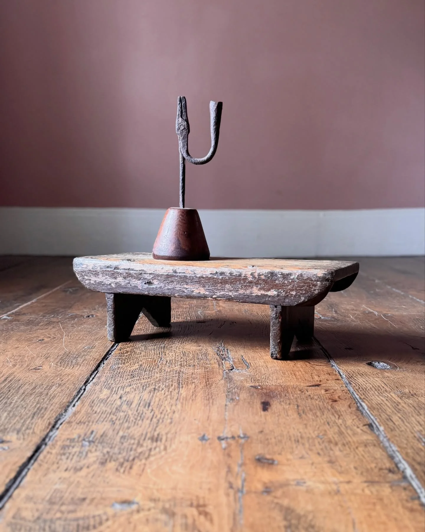 A simple yet wonderful 19th Century Welsh farmhouse stool with lots of character and remnants of the original paint. The underside is carved with M Snooks, suggesting it was created as a gift, adding a very personal historical connection. A really lo