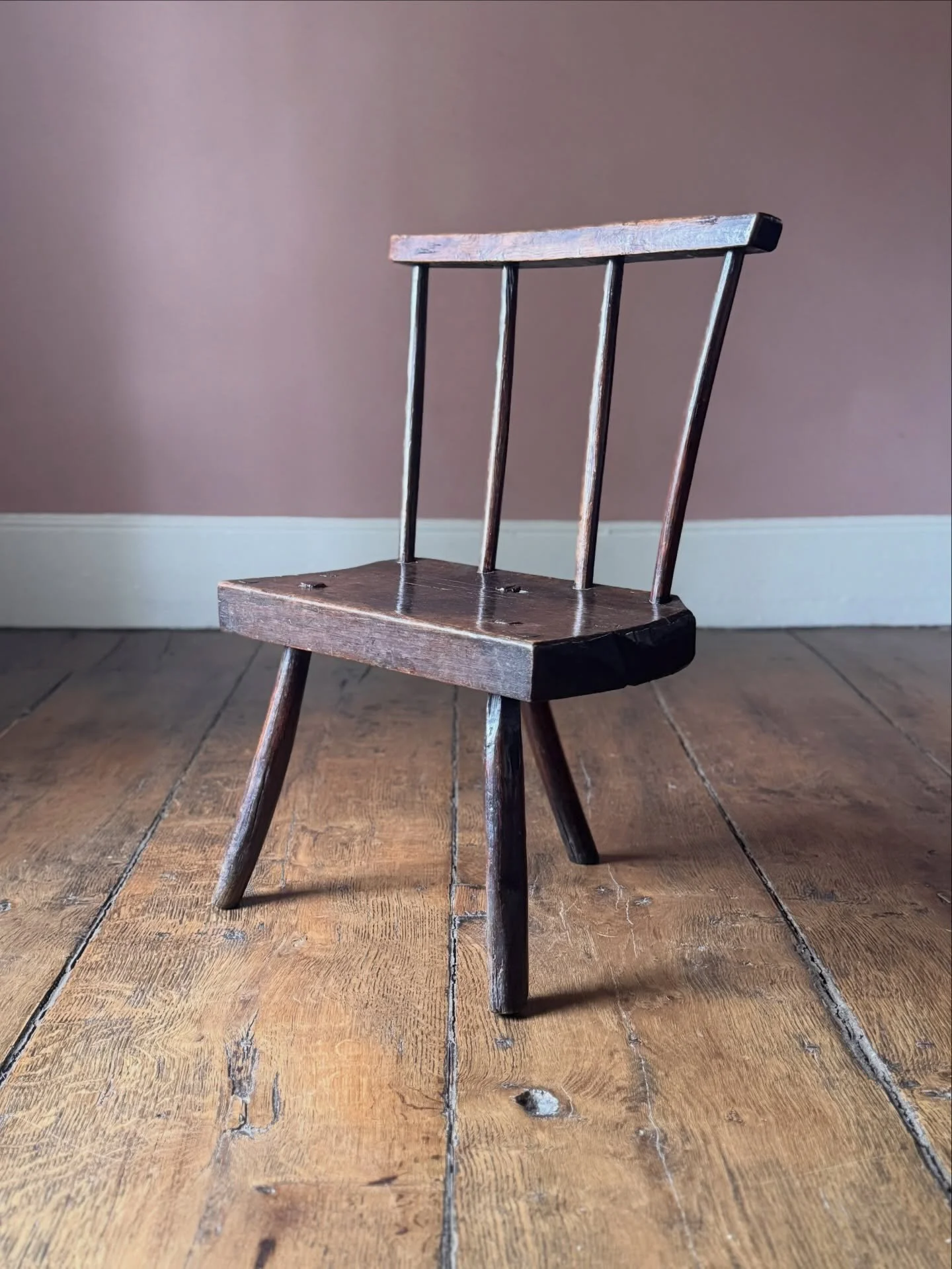 A very attractive late 18th Century Welsh stick chair in Elm and Ash on three legs. This is a particularly atmospheric chair of wonderful proportions and with great patination. 

We really rate this chair. It&rsquo;s a good one. 

Height 68 cm
Width 