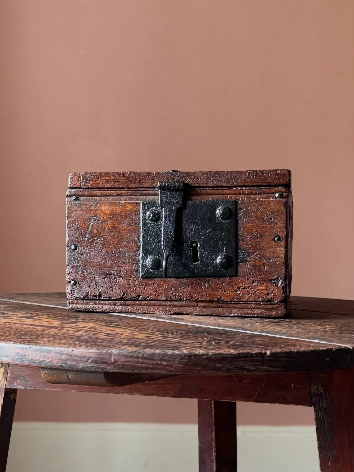 A rare 16th Century oak alms box with a great rich colour. Of simple nailed construction with the original iron hinges and lock. It&rsquo;s incredible that objects like this have survived over 500 years. A wonderful thing.

Height 20.5 cm
Width 31.5 