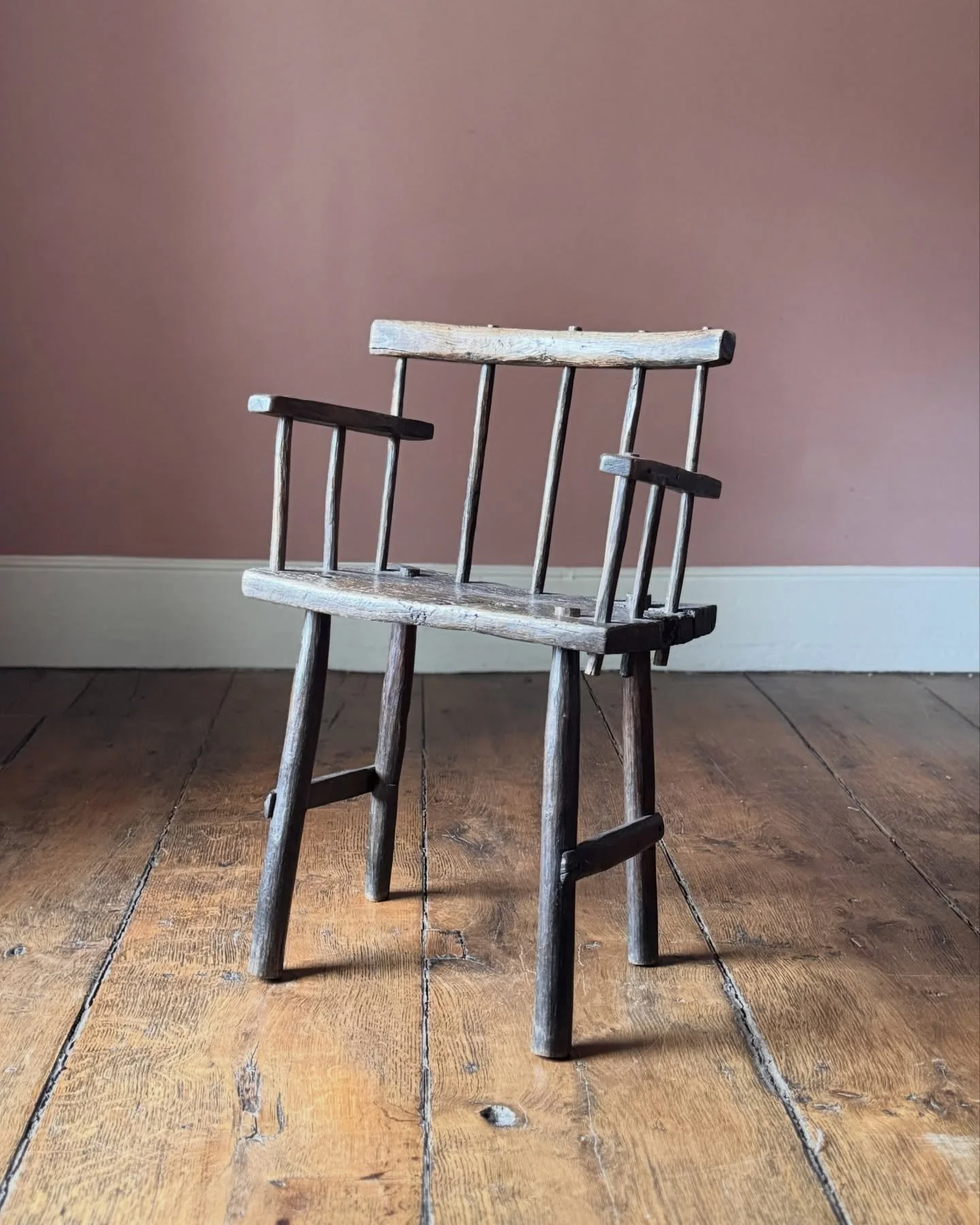 A rare 18th Century Welsh stick chair. Knarly and primitive this is a small chair with a big presence. We bought it in North Wales but originally thought it might be Irish.  Some more experienced chair enthusiasts confirmed that it is in fact Welsh. 