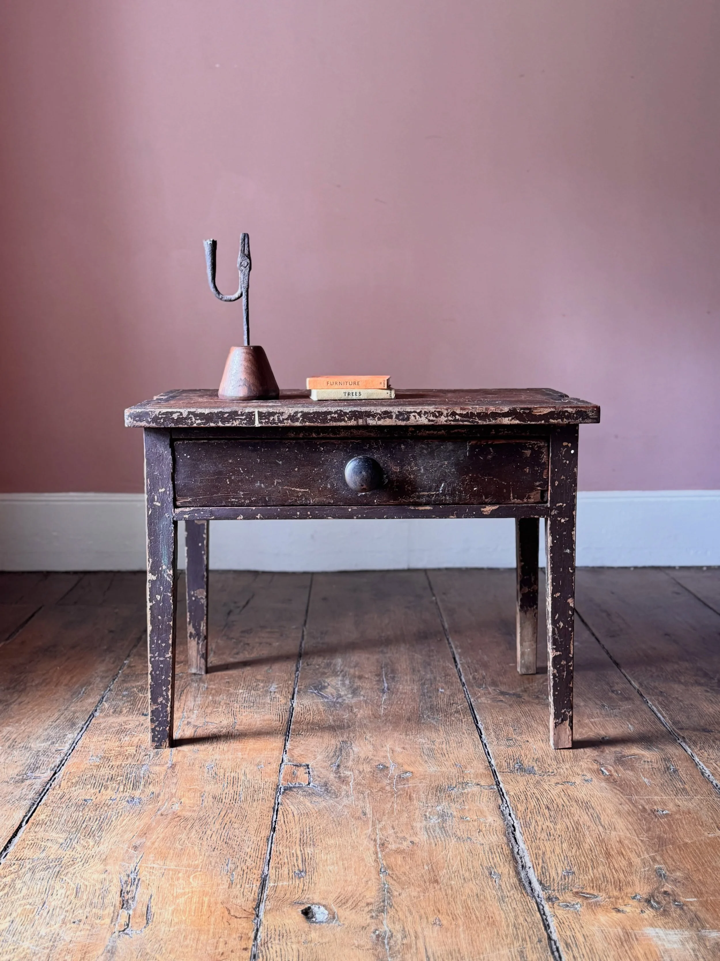 A small 19th Century French country side table with drawer. Was once the bottom half of a press or dresser. A nice useful piece of furniture. Perfect for storing precious things.

Height 59 cm
Width 46 cm
Depth 35 cm
&pound;195

Now available to view