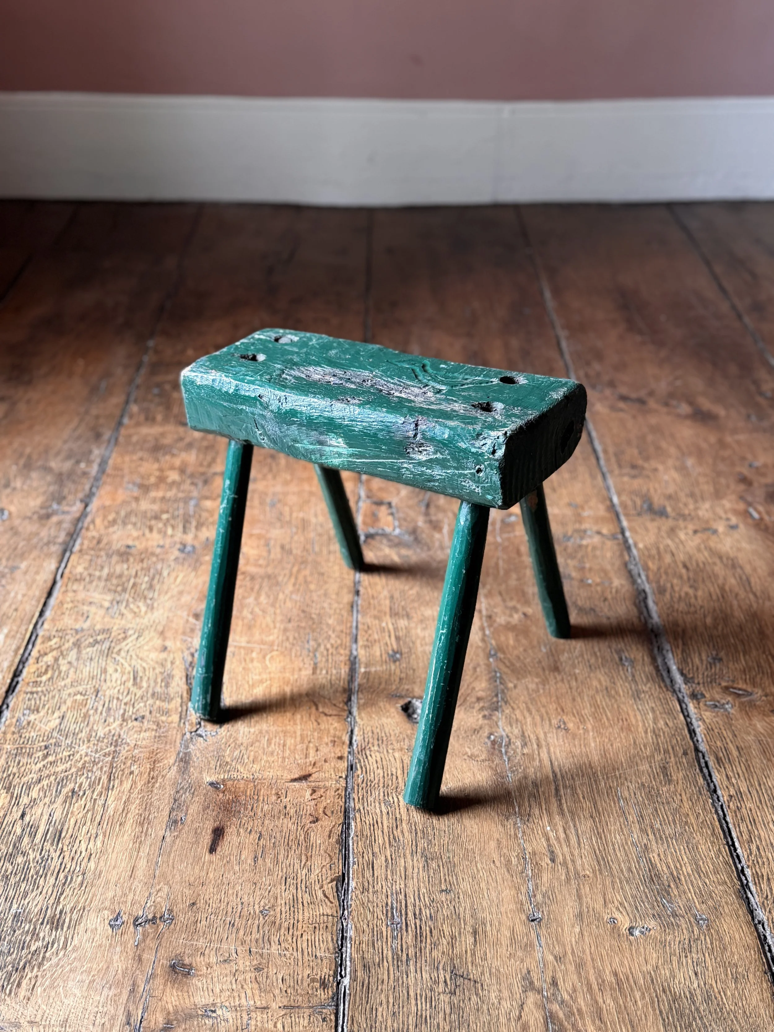 Primitive 19th Century Painted Stool with Duck Carving